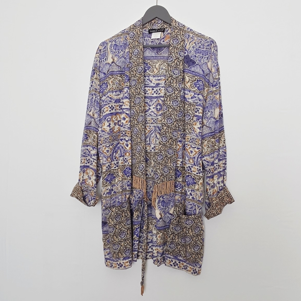 Carole Little Vintage Art To Wear Lagenlook Fringe Rayon Open Cardigan Size 10